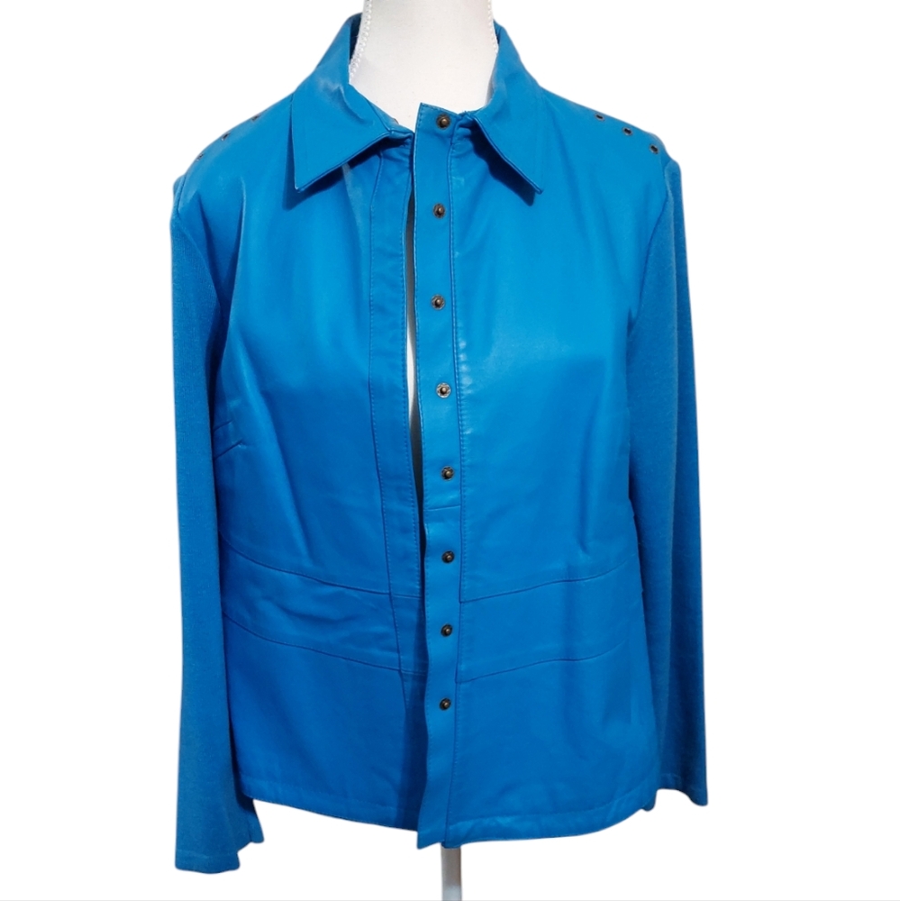 Nygard Brand Vibrant Bright Blue Button-Up Leather Jacket size Medium Women